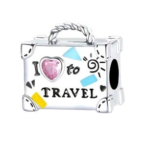 S925 Sterling Silver “I Love to Travel” Suitcase Charm Pink Heart - NWT